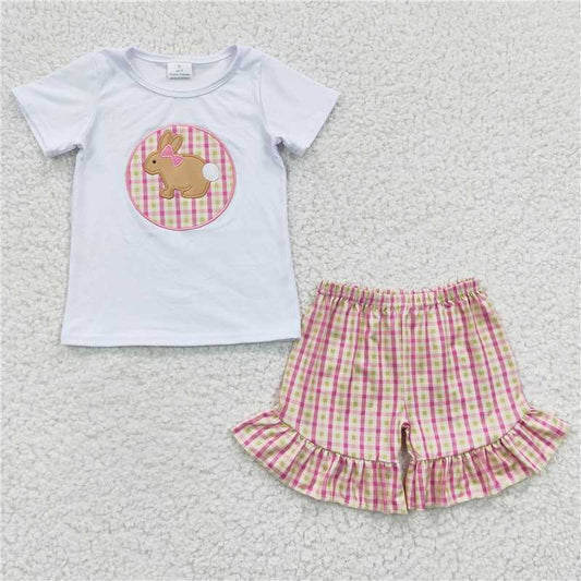 GSSO0158Girl's Embroidery Rabbit White Short sleeve plaid shorts suit