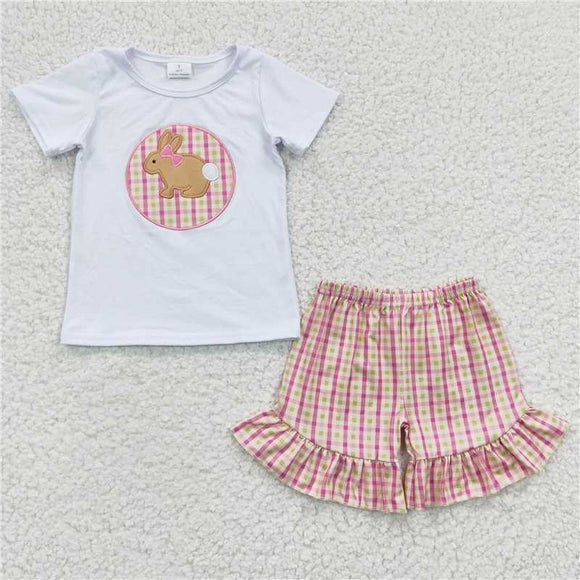 GSSO0158Girl's Embroidery Rabbit White Short sleeve plaid shorts suit