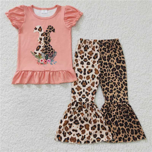 GSPO0261Girls leopard print Rabbit Orange short sleeve pants suit