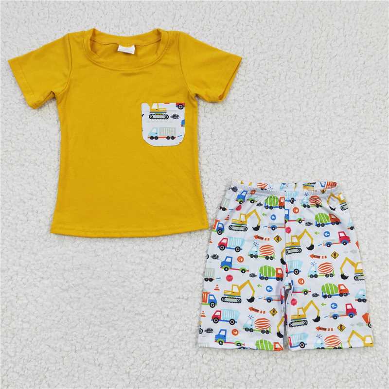 BSSO0122Boy engineering car Excavator pocket yellow short sleeve shorts suit