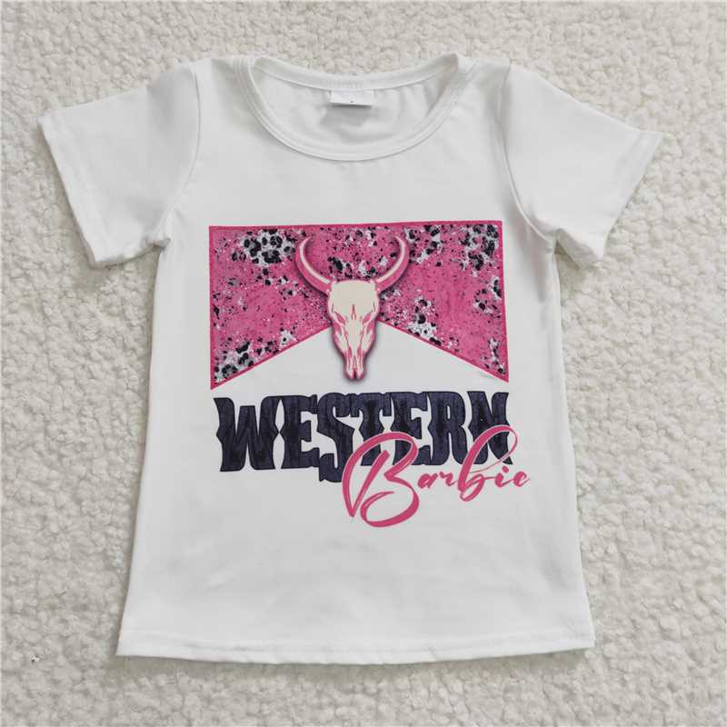 GT0134Girls WESTERN pink bull head white Short sleeve top