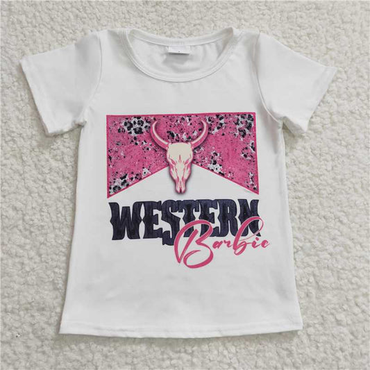 GT0134Girls WESTERN pink bull head white Short sleeve top