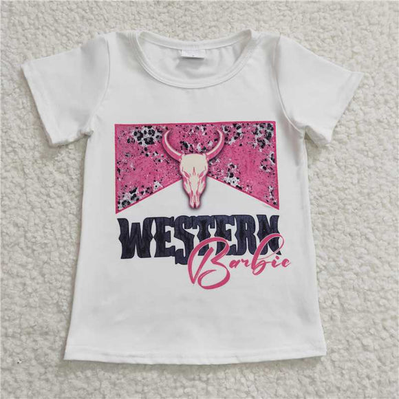 GT0134Girls WESTERN pink bull head white Short sleeve top