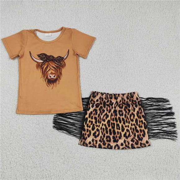 GSD0301summer new girls alpine cattle short sleeve leopard fringed skirt suit boutique suit wholesale price