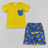 BSSO0183 summer new boy engineering car excavator pocket short sleeve shorts boutique cute set wholesale price