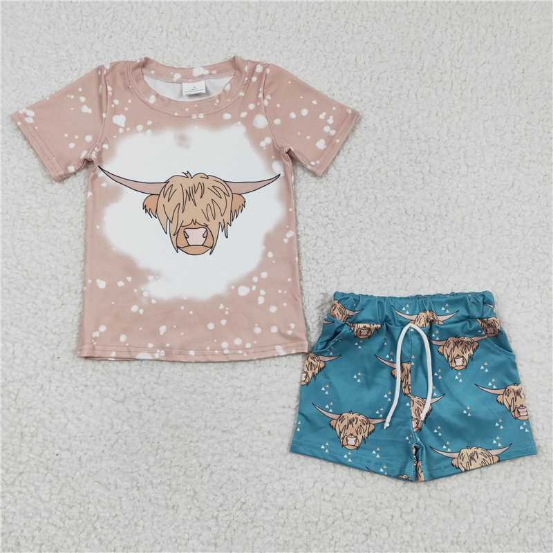 BSSO0198Boys Alpine Cow Brown Short sleeve Blue shorts suit