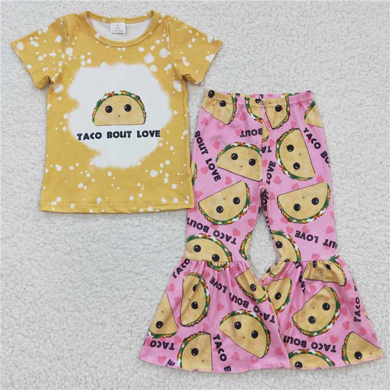 GSPO0347 summer new girls girls roll yellow short sleeve trousers set cute boutique set wholesale price