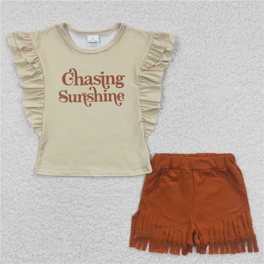 GSSO0213Girls chasing yellow short sleeve tassel shorts suit