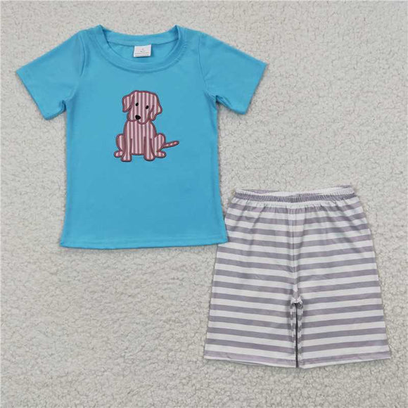 BSSO0214Wholesale Price Boy Embroidery puppy blue Short Sleeve striped shorts boutique cute set