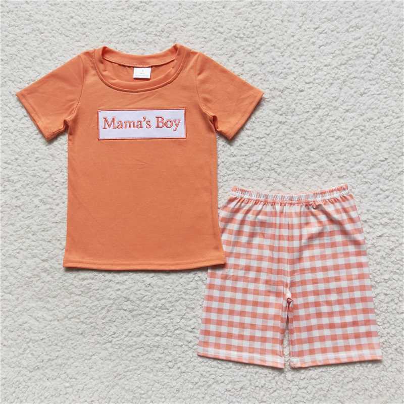 BSSO0228Wholesale Price Summer Boy Embroidery Orange short Sleeve Shorts boutique cute set