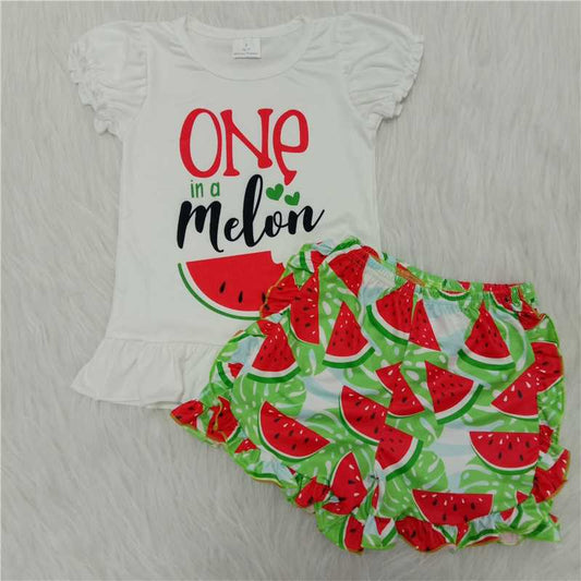 A5-22 White Watermelon Print Short Sleeve Top with Watermelon Print Shorts