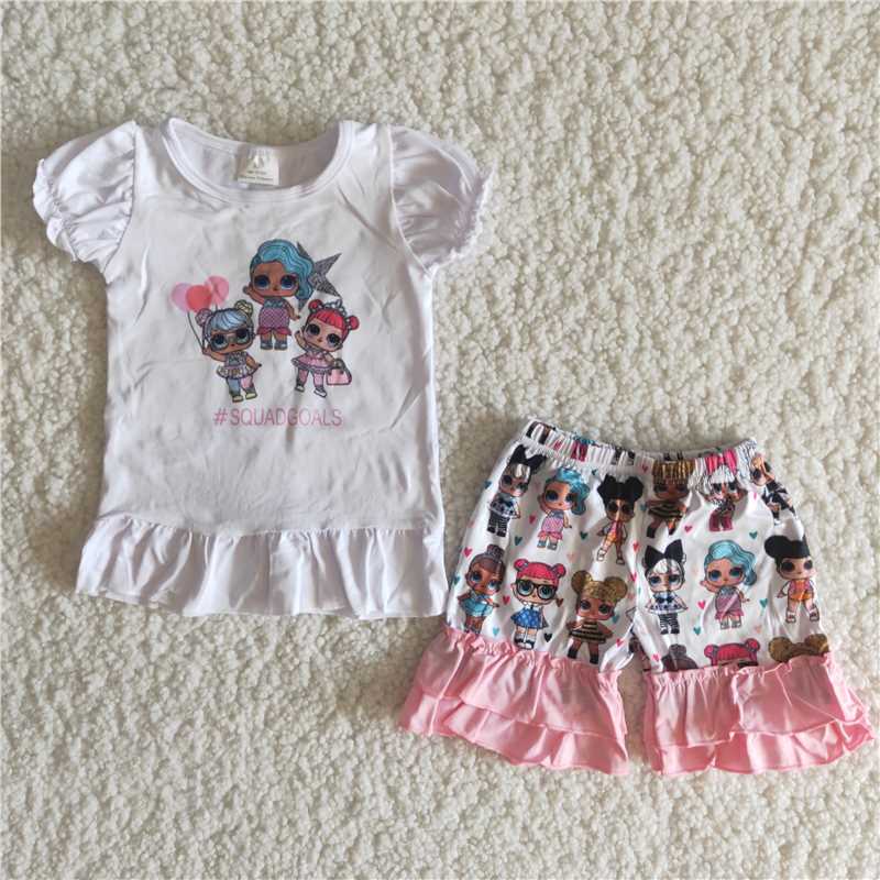 A1-14  Anime Movie Printed Little Girl Pattern White Short Sleeve Top with Printed Shorts