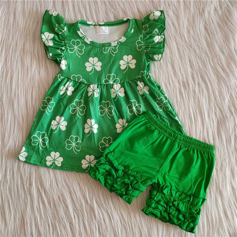 A11-21  Green Trefoil Print Short Sleeves With Shorts Summer New