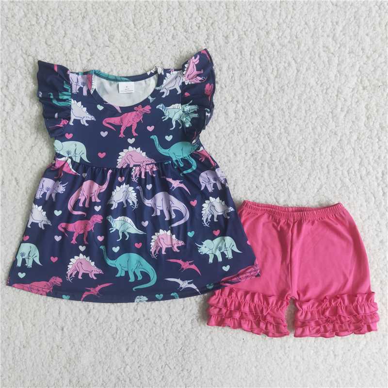 A13-16Summer new dinosaur small flying sleeve top lace shorts boutique fashion cute suit wholesale price