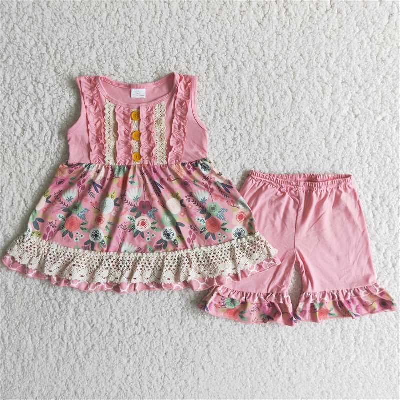 C2-3   Floral Button Sleeveless Top and Pink Shorts Set