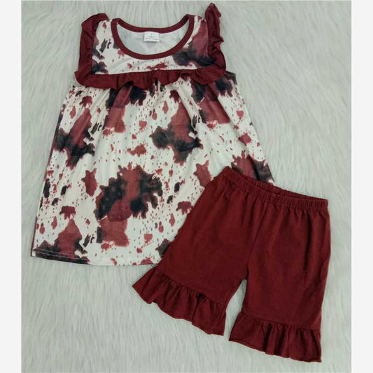A17-10 Brown ink dyed short-sleeved top with shorts summer girls suit