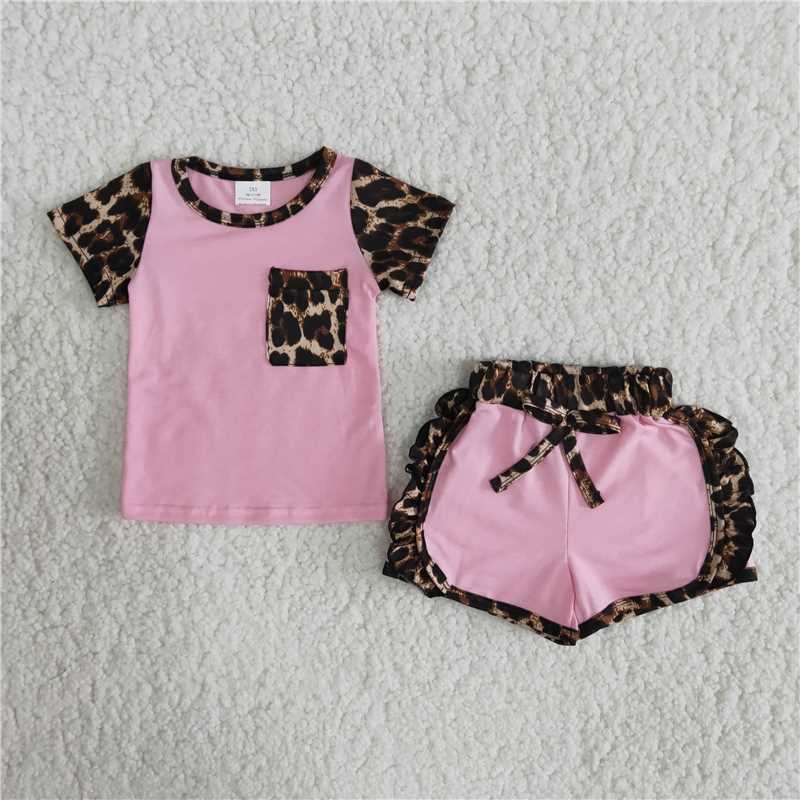 C1-21Leopard print stitching pink short-sleeved top with shorts