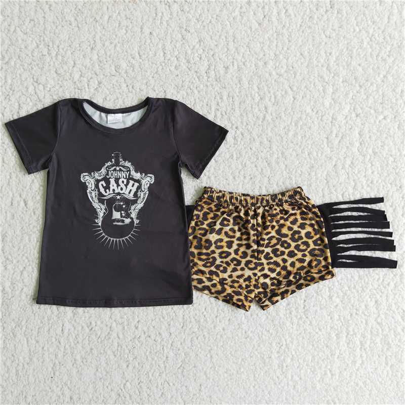 A3-4  Guitar Print Black Short Sleeves with Leopard Shorts