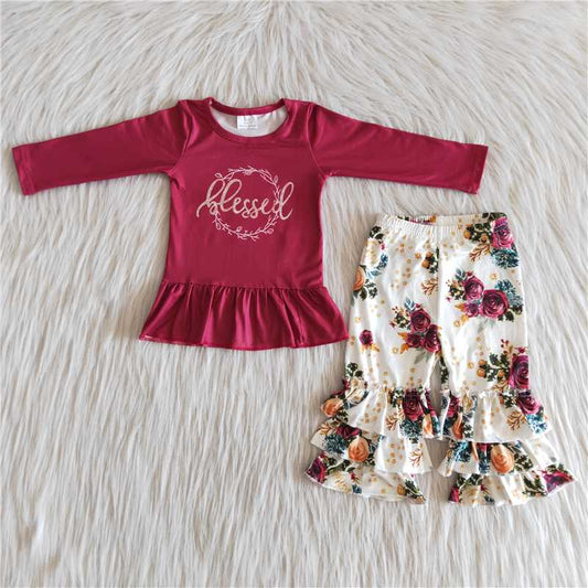 6 A16-28   Dark red lettered long-sleeved top with floral print trousers