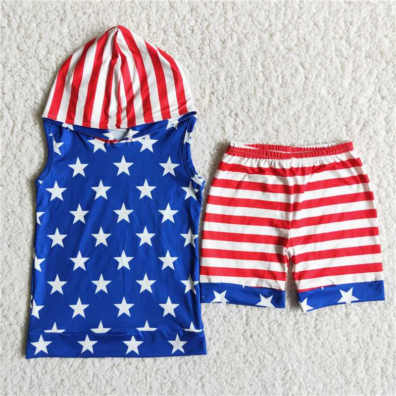 D13-30 Independence Day Costume Star Pattern Blue Sleeveless Top Hood with Red and White Striped Panel Shorts