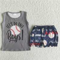 C8-14   Baseball Graphic Print Grey Sleeveless Top with Black Pants