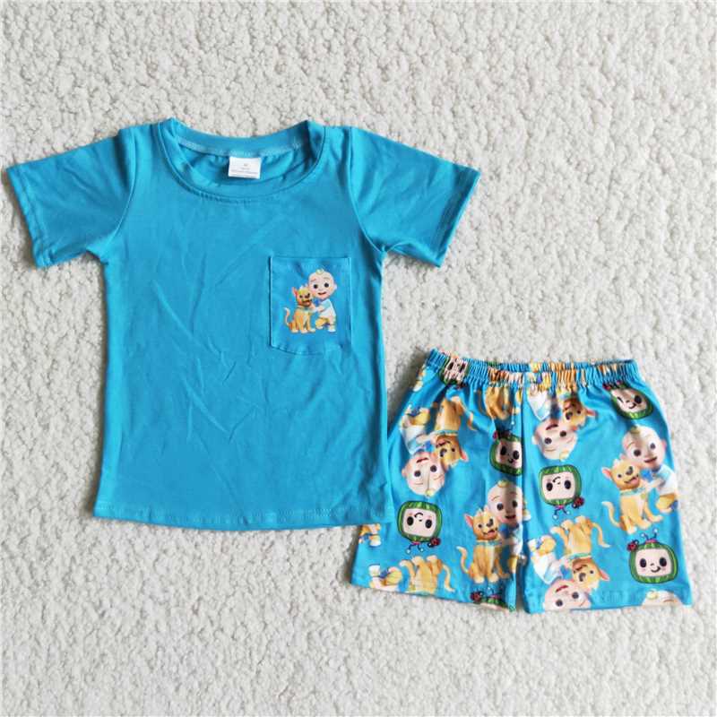 D9-26   New Anime Movie Print Blue Pocket Top with Little Boy Dog Print Shorts