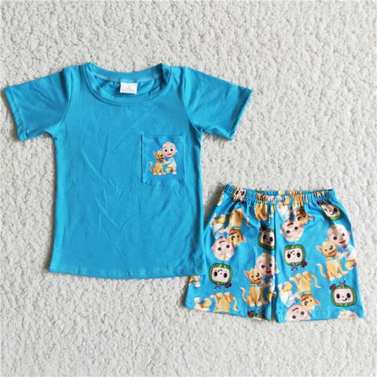 D9-26 New Anime Movie Print Blue Pocket Top with Little Boy Dog Print Shorts