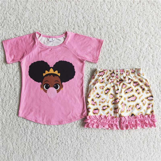 D7-12 Little Girl Printed White and Pink Panel Short Sleeve Top with Shorts