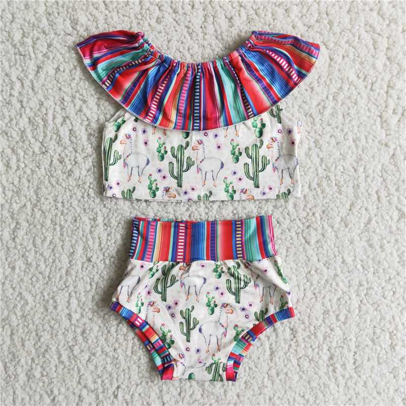 A10-2   Girls Striped Alpaca Cactus Thong Suit