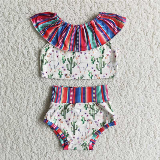 A10-2   Girls Striped Alpaca Cactus Thong Suit