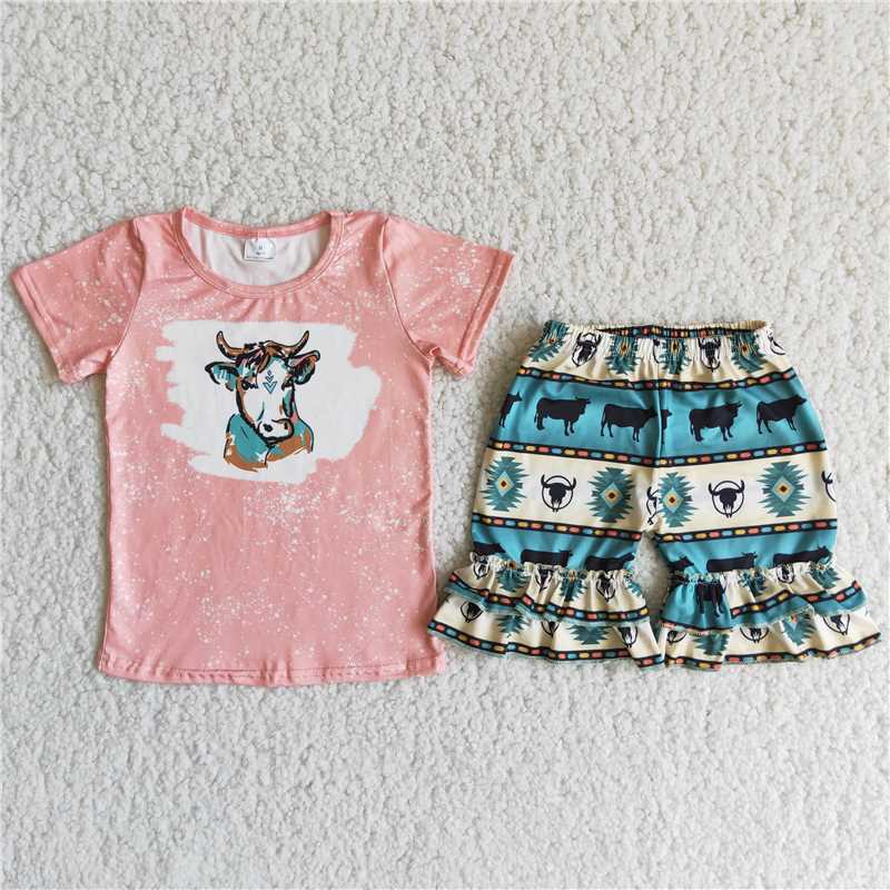 D11-16  Pink bull head print short-sleeved top with printed shorts