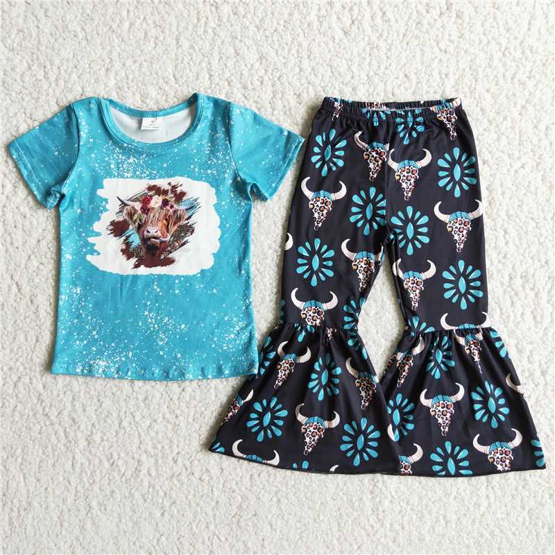 D8-28  Cow head flower print blue short-sleeved top with leopard cow head pattern flared pants