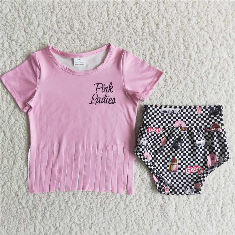 D13-18   Girls Pink Short Sleeve Top with Fringe and Plaid Thong