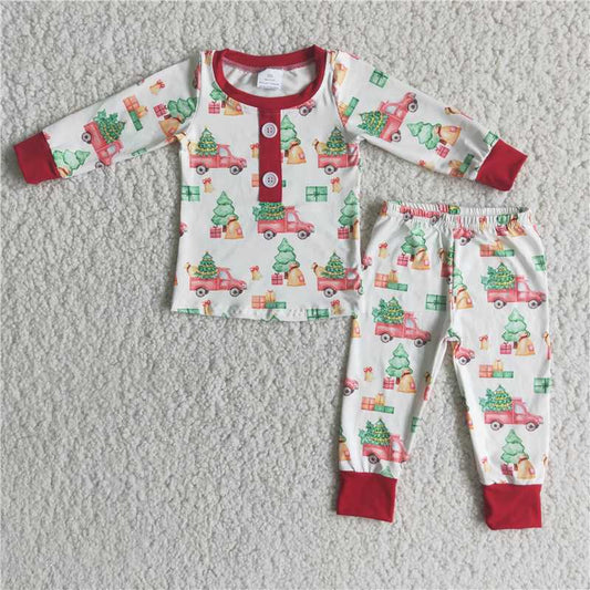 6 A15-20   Christmas Elements Truck Christmas Tree Print Long Sleeve Pants Set