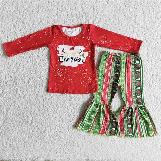 6 A18-18 Letter-print red long-sleeve top with Christmas tree and colorful striped flared trousers