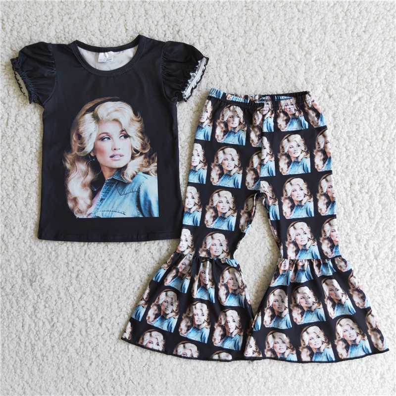 D3-3   Girls head print black short-sleeved top with printed flared pants