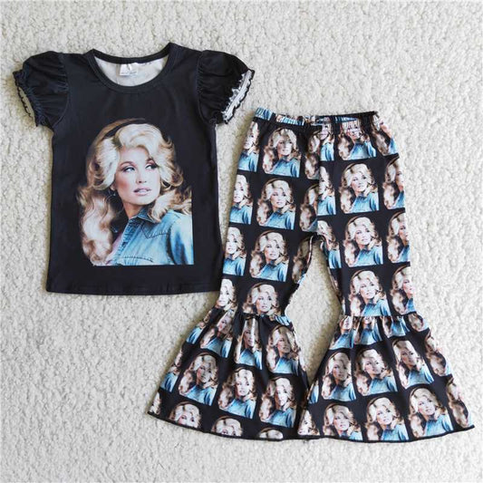 D3-3 Girls head print black short-sleeved top with printed flared pants