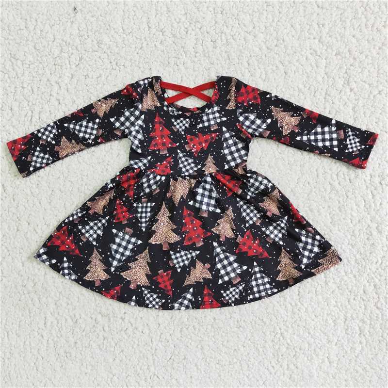 6 A19-3   Girls Christmas Tree Pattern Brown Long Sleeve Dress