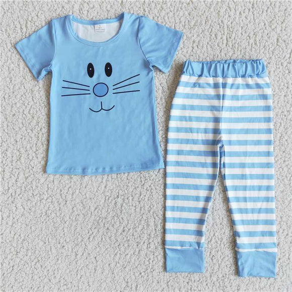 D7-5Boys cartoon cat Short sleeve pants suit blue