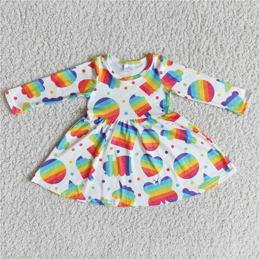 6 A27-14 Girls Color Cartoon Pattern Long Sleeve Dress