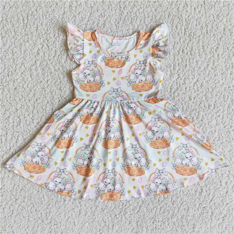 E6-1  Easter Bunny Basket Print Short Sleeve Dress