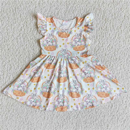 E6-1  Easter Bunny Basket Print Short Sleeve Dress