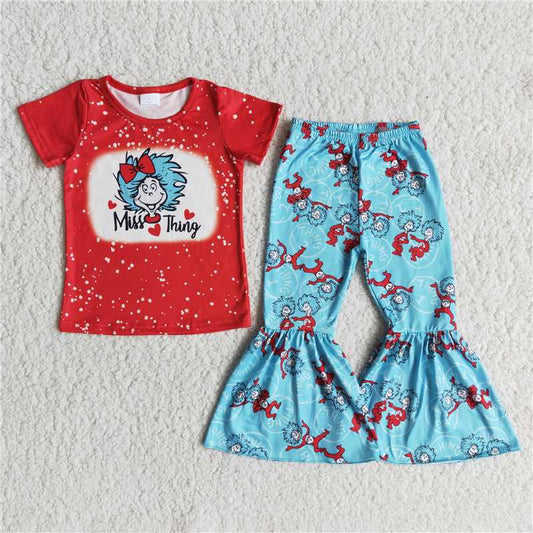 E12-27   New Anime Movie Character Print Red Short Sleeve Top with Blue Print Flared Pants