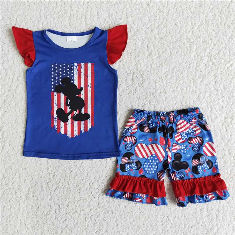 RTS girl summer clothes flutter sleeves 4th of july national ruffles shorts sets baby clothing sets kids wear clothing