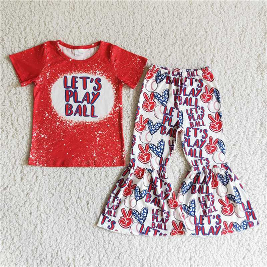 B0-12 Red lettered short-sleeved top with printed flared trousers