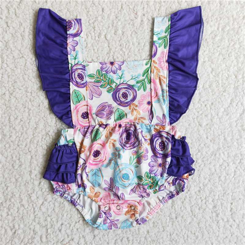 B3-27  Summer girls' new purple flower pattern printed romper