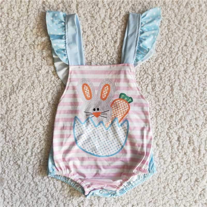 E11-3   Girls Easter Bunny Pattern Pink Striped Jumpsuit