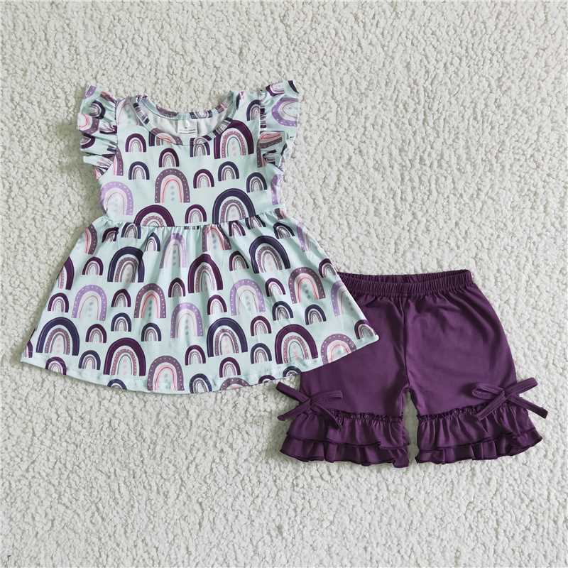 GSSO0009   Purple Rainbow Print Short Sleeve Top with Purple Bow Lace-Up Shorts