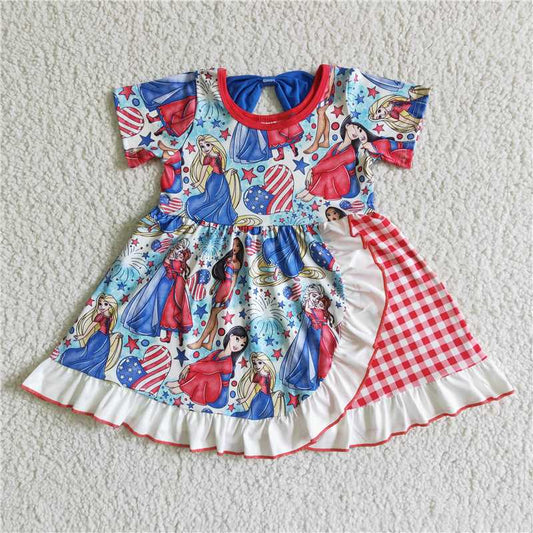 GSD0028  New Anime Movie Print Patchwork Red and White Plaid Independence Day Dress