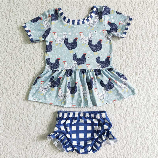 GBO0049    Girls Girls Chicken Print Short Sleeve Blue Plaid Briefs Suit